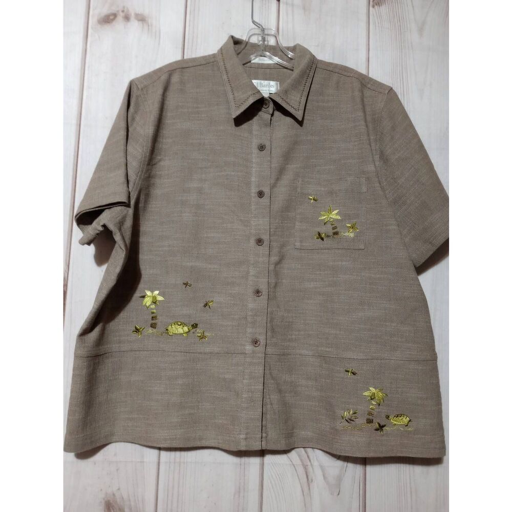 CJ Banks Shirt Ladies 1x Brown Green Turtle Embroidered